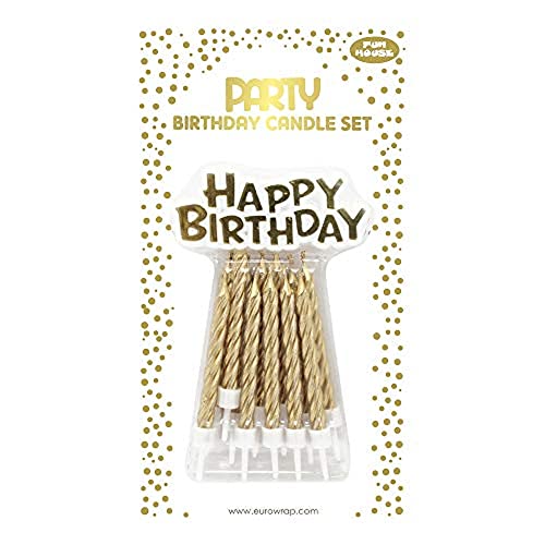 Clairefontaine 26577-SC - Set mit 12 Kerzen + 12 Kerzenhalter + Deko ''Happy Birthday'', Gold, 1 Set von Eurowrap