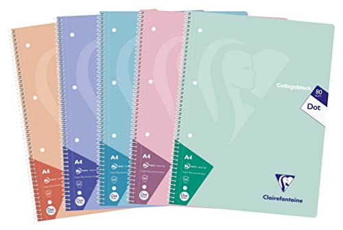 Clairefontaine 306253C - Packung mit 5 Heften / Collegeblöcken, DIN A4, 80 Blatt 90g dot/punktkariert, Pastellfarben sortiert, 1 Pack von Clairefontaine