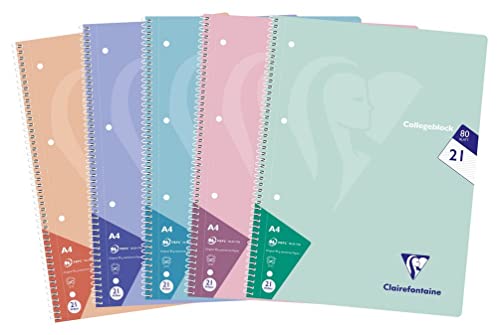 Clairefontaine 306256C - Packung mit 5 Heften / Collegeblöcken, DIN A4, 80 Blatt 90g liniert, Pastellfarben sortiert, 1 Pack Clairefontaine 306256C - Packung mit 5 Heften / Collegeblöcken, DIN A4, 80 Blatt 90g liniert, Pastellfarben sortiert, 1 Pack von Clairefontaine