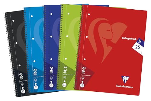 Clairefontaine 307225C - Collegeblock/Heft Mimesys mit Spiralbindung DIN A4 21x29,7cm, 80 Blatt, Lineatur 25 liniert mit Rand, farbig sortiert, 1 Stück von Clairefontaine