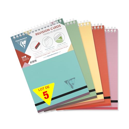 Clairefontaine 327025C - Packung 5x Spiralblock Linicolor Essence, DIN A5, 50 Karteikarten Lernkarten kariert, 5 Farbstreifen, Einband aus PP, 1 Pack von Clairefontaine