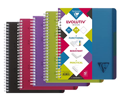 Clairefontaine 329756C Packung mit 5 Heften Evolutiv'Book Linicolor, DIN A5+ 16x21, 120 Blatt, abtrennbar, liniert mit Rahmen, 90 g, Cover transparent, farbig sortiert, 1 Pack von Clairefontaine