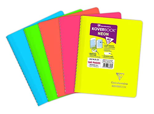 Clairefontaine 366623C - Spiralheft Koverbook NEON Umschlag aus PP blickdicht 14,8x21cm 80 Blatt kariert, 1 Stück, farbig sortiert in Neonfarben von Clairefontaine
