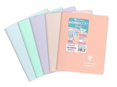 Clairefontaine 366681C - Packung mit 5 Heften Koverbook Blush PP, Spiralbindung, DIN A5, 80 Blatt kariert, farbig sortiert, 1 Pack von Clairefontaine