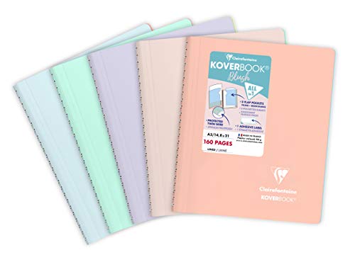 Clairefontaine 366781C - Packung mit 5 Heften Koverbook Blush mit Spiralbindung, DIN A5, 14,8x21cm, 80 Blatt liniert, 90g, farbig sortiert, 1 Pack von Clairefontaine