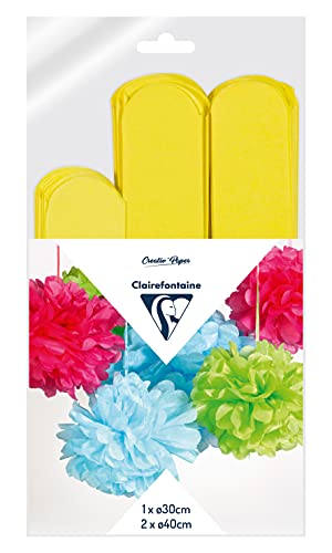 Clairefontaine 395415C Set mit 3 Pompons Seidenpapier, Ø 30cm x1 + Ø 40cm x2, ideal für Deko und Bastelprojekte, 1 Set, Zitronengelb von Clairefontaine
