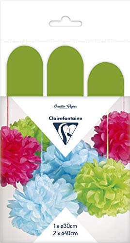 Clairefontaine 395419C Set mit 3 Pompons Seidenpapier, Ø 30cm x1 + Ø 40cm x2, ideal für Deko und Bastelprojekte, 1 Set, Apfelgrün von Clairefontaine