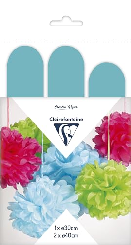 Clairefontaine 395427C Set mit 3 Pompons Seidenpapier, Ø 30cm x1 + Ø 40cm x2, ideal für Deko und Bastelprojekte, 1 Set, Himmelblau von Clairefontaine