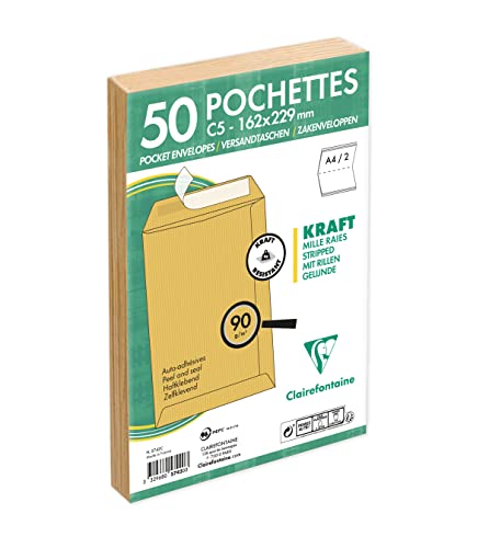 Clairefontaine 5742C - Packung mit 50 Versandtaschen mit Rillen Kraftbraun C5-162x229 mm, selbstklebend, 90g, 1 Pack von Clairefontaine