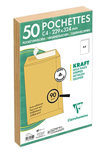 Clairefontaine 5750C - Packung mit 50 Versandtaschen mit Rillen Kraftbraun C4-229x324 mm, selbstklebend, 90g, 1 Pack Clairefontaine 5750C - Packung mit 50 Versandtaschen mit Rillen Kraftbraun C4-229x324 mm, selbstklebend, 90g, 1 Pack von Clairefontaine