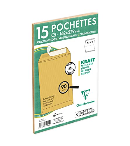 Clairefontaine 74215C - Packung mit 15 Versandtaschen mit Rillen Kraftbraun C5-162x229 mm, selbstklebend, 90g, 1 Pack von Clairefontaine