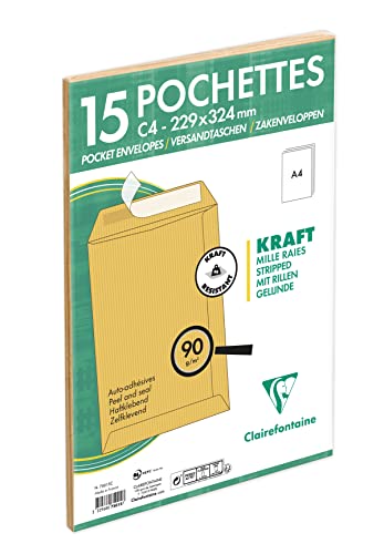 Clairefontaine 75015C - Packung mit 15 Versandtaschen mit Rillen Kraftbraun C4-229x324 mm, selbstklebend, 90g, 1 Pack von Clairefontaine