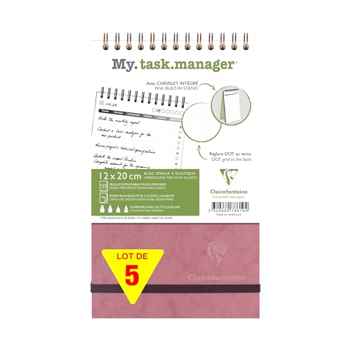 Clairefontaine 786196Cpack - Packung 5x Spiralblock My task manager, Age Bag 12x20 cm 250 abtrennbare Seiten (125 Blatt) 90g Rückseite dot Rosa 1 Pack von Clairefontaine