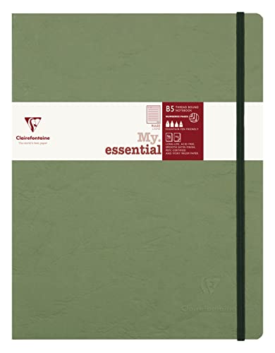 Clairefontaine 794463C - Notizbuch My.Essential Age Bag, Format B5 (19x25 cm), mit Fadenbindung, 96 Blatt nummeriert, liniert, Papier elfenbein 90g, Grün, 1 Stück von Clairefontaine