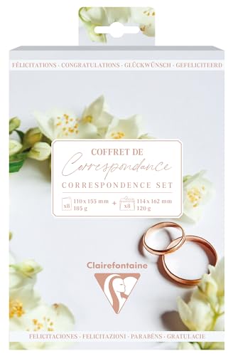 Clairefontaine 81001C – 1 Set für Hochzeit – Ehering/Just married/Bouquet – 8 Doppelkarten 11 x 15,5 cm, 185 g/m² + 8 Umschläge Pollen C6 (11,4 x 16,2 cm) 120 g m/², Farbe: Weiß von Clairefontaine