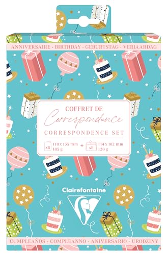 Clairefontaine 81002C – ein Set mit passenden Motiven zum Geburtstag, Geschenke/Kerzen/Kuchen, 8 Doppelkarten, 11 x 15,5 cm, 185 g/m² + 8 Umschläge Pollen C6 (11,4 x 16,2 cm), 120 g/m², Farbe: Grün von Clairefontaine