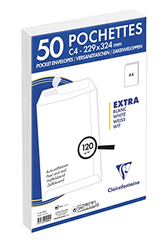 Clairefontaine 825050C - Packung mit 50 Versandtaschen weiß C4-229x324 mm, selbstklebend, 120g, 1 Pack von Clairefontaine