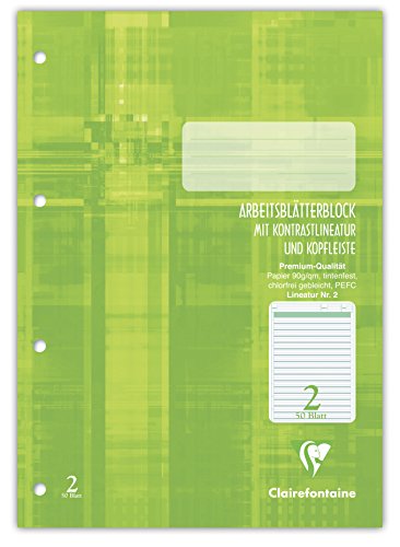 Clairefontaine 82602C- Mappe / Arbeitsblätterblock DIN A4, kopfseitig geleimt, 50 Blatt 90g mit Rahmen und Kopfleiste, grüne Lineatur 2, für 2. Schuljahr, liniert, 1 Stück von Clairefontaine