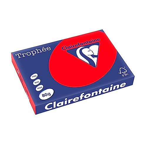 Clairefontaine 8375C - Karton mit 5 Ries Druckerpapier / Kopierpapier Trophee, intensive Farben, DIN A3, 80g, 500 Blatt x 5, Korallenrot, 1 Karton von Clairefontaine