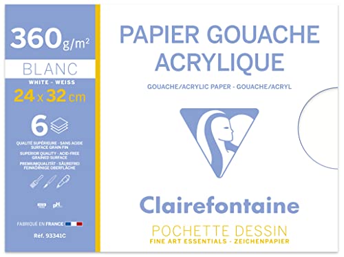 Clairefontaine 93341C Mappe Acrylpapier (ideal für Nasstechniken und Gouache, 360 g, 24 x 32 cm, 6 Bögen) weiß von Clairefontaine