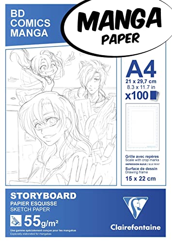 Clairefontaine 94037C Manga Block Storyboard (ideal für Zeichen von Manga und Multitechniken, DIN A4, 21 x 29,7 cm, 100 Blatt, 55 g, mit einfachem Raster) weiß von Clairefontaine