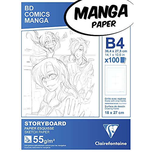 Clairefontaine 94040C Manga Block Storyboard (ideal für Zeichen von Manga und Multitechniken, DIN B4, 27,5 x 37,4 cm, 100 Blatt, 55 g, mit sechsteiligem Raster) weiß von Clairefontaine