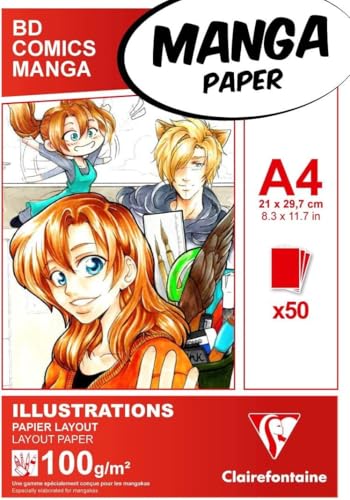 Clairefontaine 94042C Layoutblock (für Manga Comics, ideal für Illustrationen und Multitechniken, DIN A4, 21 x 29,7 cm, 50 Blatt, 100 g, geeignet für Filzmarker mit Alkohol) weiß von Clairefontaine