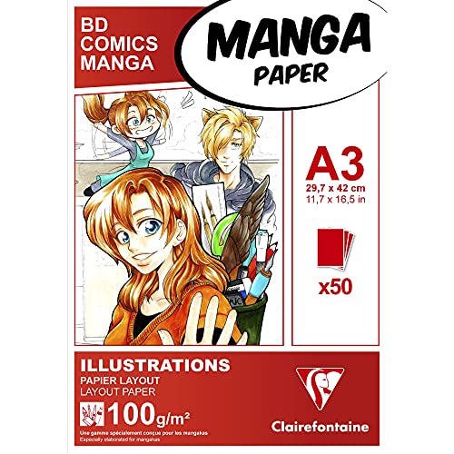 Clairefontaine 94043C Layoutblock (für Manga Comics, ideal für Illustrationen und Multitechniken, DIN A3, 29,7 x 42 cm, 50 Blatt, 100 g, geeignet für Filzmarker mit Alkohol) weiß von Clairefontaine