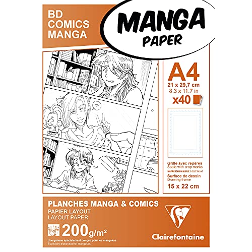 Clairefontaine 94045C Manga Etui BD/Comic (DIN A4, 21 x 29,7 cm, 40 Blatt, 200 g, geeignet für Filzmarker mit Alkohol, mit einfachem Raster) weiß von Clairefontaine