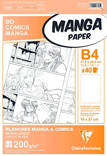 Clairefontaine 94046C Manga Etui BD/Comic (DIN B4, 27,5 x 37,4 cm, 40 Blatt, 200 g, geeignet für Filzmarker mit Alkohol, mit einfachem Raster) weiß von Clairefontaine
