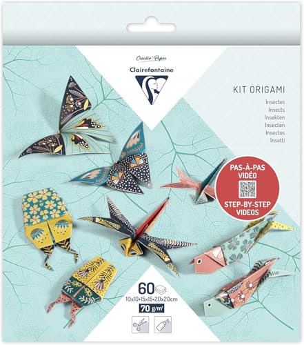 Clairefontaine 95366C - Packung Origami Papier mit 60 Blatt, beidseitig bedruckt, 3 Formate, 10x10 cm, 15x15 cm, 20x20 cm, 70g, Insekten, 1 Pack von Clairefontaine