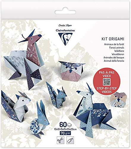 Clairefontaine 95368C - Packung Origami Papier mit 60 Blatt, beidseitig bedruckt, 3 Formate, 10x10 cm, 15x15 cm, 20x20 cm, 70g, Waldtiere, 1 Pack von Clairefontaine