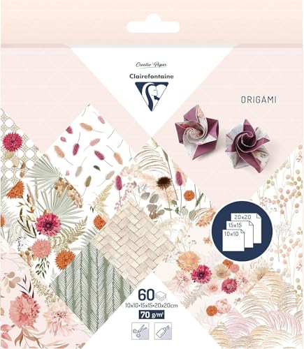 Clairefontaine 95371C - Packung mit 60 Blatt Origami, 70g, 3 Formate (10x10cm, 15x15cm, 20x20cm), Trockenblumen, 1 Pack von Clairefontaine