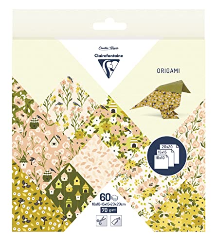 Clairefontaine 95378C - Packung Origami Papier mit 60 Blatt in 3 Formaten ( 10x10cm - 15x15cm - 20x20cm) 70g, Frühling, 1 Pack von Clairefontaine