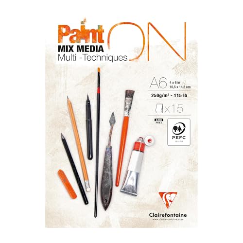 Clairefontaine 960060C - Zeichenblock Malblock PaintON Blanc, DIN A6, kopfseitig geleimt, 15 Blatt, 250g, geeignet für Mixed Media, weiß, 1 Stück von Clairefontaine