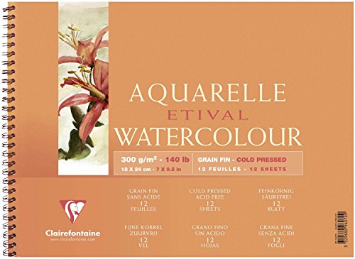 Clairefontaine 96070C Malblock, mit Doppelspirale Aquarellpapier Feinkörnig, Etival/Zellulose, 12 x 18 cm, 12 Blatt, 300 g, weiß von Clairefontaine