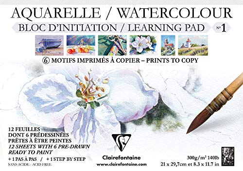 Clairefontaine 96098C Aquarellblock (mit Vordruck, verleimt, 12 Blätter, 300 g, DIN A4, 21 x 29,7 cm, 100% Zellulose, geeignet für Anfänger) weiß von Clairefontaine