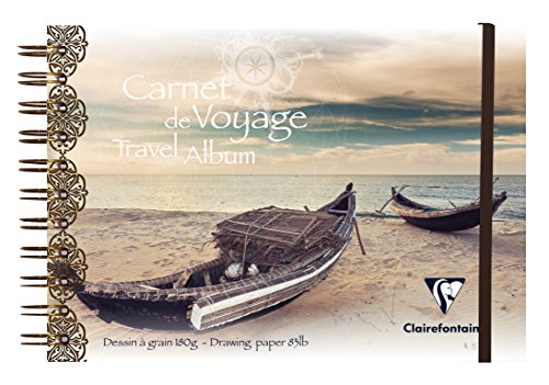 Clairefontaine 96104C Reisealbum (DIN A5, 14,8 x 21 cm, 180 g, 30 Blatt, mit Doppelspiralbindung, Gummizug, ideal für alle Globetrotter unter den Künstlern, mit Strandhaus Design) weiß von Clairefontaine