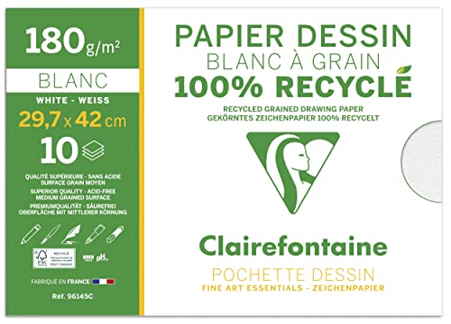Clairefontaine 96145C - Mappe mit 12 Bogen gekörntes, 100% recyceltes Zeichenpapier, DIN A3 180g weiß, ideal für Kunstunterricht, 1 Stück von Clairefontaine