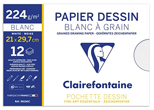 Clairefontaine 96156C Mappe Zeichenpapier (224 g, 21 x 29,7 cm, 12 Bögen, ideal für Kunstunterricht, geleimt) weiß von Clairefontaine