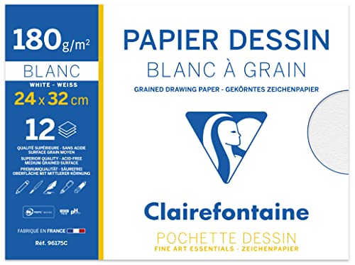 Clairefontaine 96175C - Packung Zeichenpapier mit 12 Bögen Zeichenpapier 180g, gekörnt, DIN A4+ 24 x 32 cm, ideal für Kunstunterricht, Weiß, 1 Pack von Clairefontaine