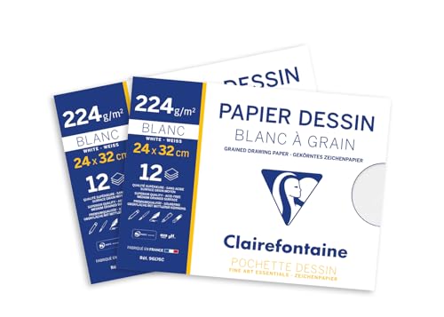 Clairefontaine 96176AMZC - Packung mit 2 Mappen Zeichenpapier, 12 Bögen DIN A4+ 24x32 cm, mit Körnung, ideal für Kunstunterricht, 224g, Weiß, 1 Pack von Clairefontaine