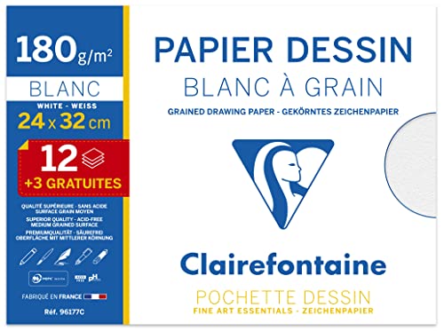 Clairefontaine 96177C - Packung mit 12+3 Blatt gekörntes Zeichenpapier, DIN A4+ 24x32cm 180g, geeignet für Trocken- und Nasstechniken, Weiß, 1 Pack von Clairefontaine