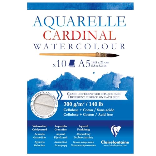Clairefontaine 96182C Cardinal Aquarellblock (DIN A5, 14,8 x 21 cm, 300 g, kopseitig verleimt, 10 Blätter, 2 Körnungen, ideal für Anfänger) extraweiß von Clairefontaine