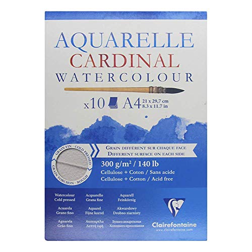 Clairefontaine 96183C Cardinal Aquarellblock (DIN A4, 21 x 29,7 cm, 300 g, kopseitig verleimt, 10 Blätter, 2 Körnungen, ideal für Anfänger) extraweiß von Clairefontaine