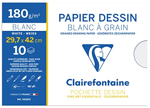 Clairefontaine 96185C Mappe Zeichenpapier (180 g, 29,7 x 42 cm, 10 Bögen, ideal für Kunstunterricht, geleimt) weiß von Clairefontaine