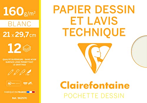 Clairefontaine 96257C Mappe Zeichenpapier (ideal für technische Zeichnungen, DIN A4, 21 x 29,7 cm, 12 Bögen, 160 g) weiß von Clairefontaine