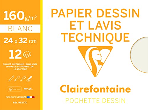Clairefontaine 96277C Mappe Zeichenpapier (ideal für technische Zeichnungen, 24 x 32 cm, 12 Bögen, 160 g) weiß von Clairefontaine