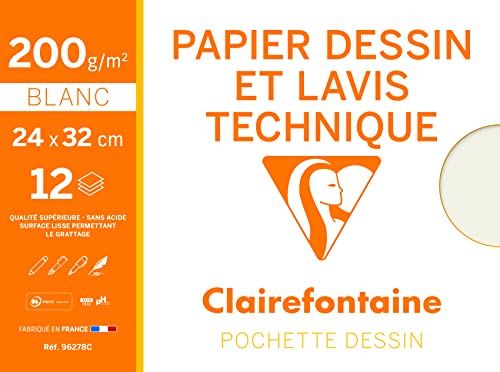 Clairefontaine 96278C Mappe Zeichenpapier (ideal für technische Zeichnungen, 24 x 32 cm, 12 Bögen, 200 g) weiß von Clairefontaine