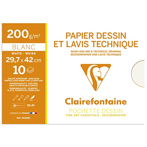Clairefontaine 96288C Mappe Zeichenpapier (ideal für technische Zeichnungen, DIN A3, 29,7 x 42 cm, 10 Bögen, 200 g) weiß von Clairefontaine